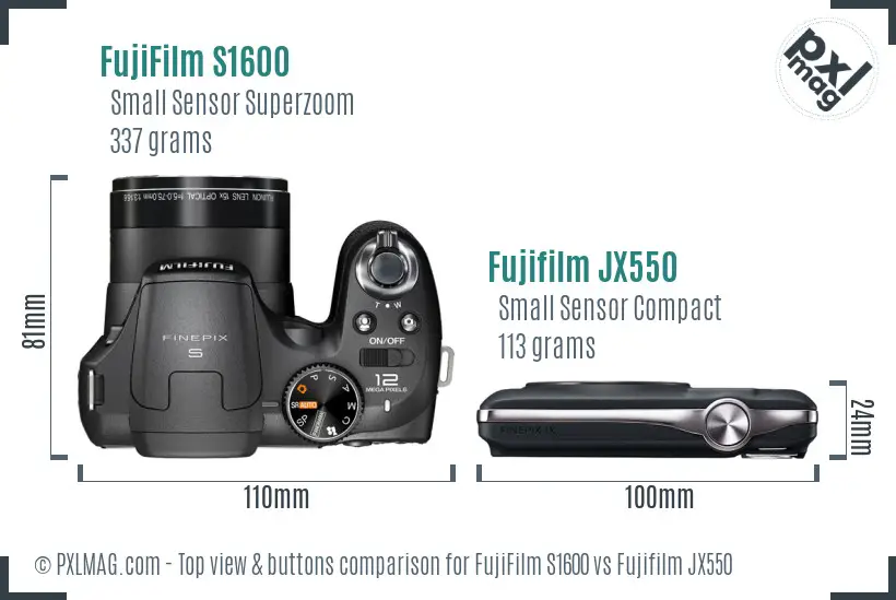 FujiFilm S1600 vs Fujifilm JX550 top view buttons comparison