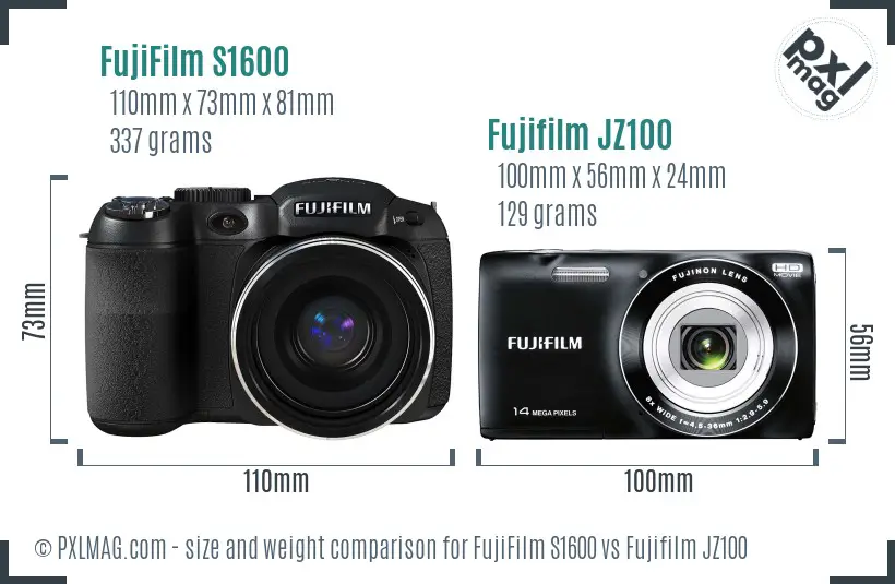 FujiFilm S1600 vs Fujifilm JZ100 size comparison