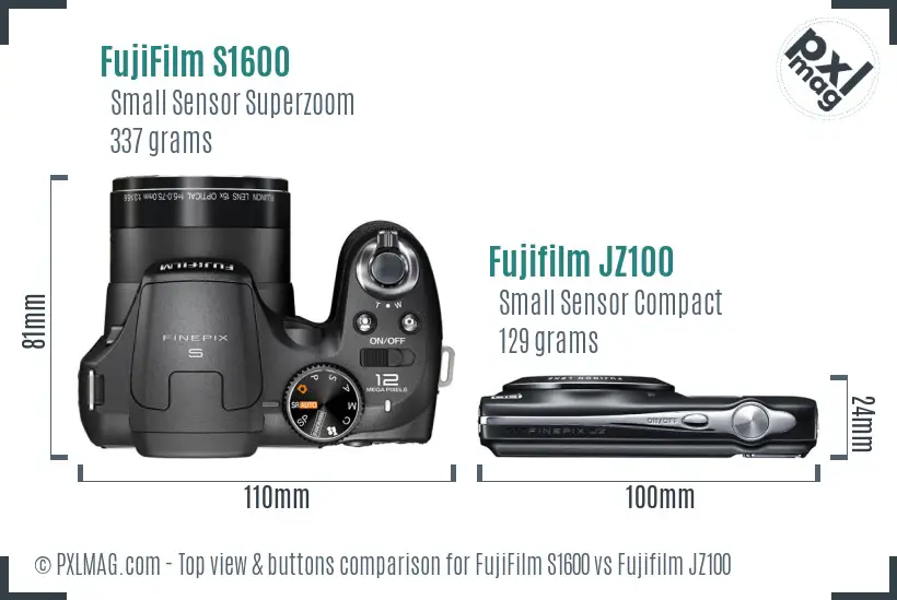 FujiFilm S1600 vs Fujifilm JZ100 top view buttons comparison