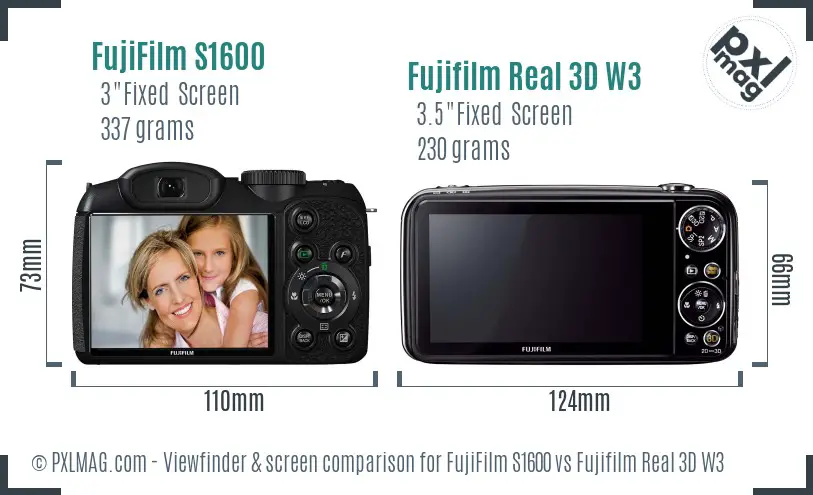 FujiFilm S1600 vs Fujifilm Real 3D W3 Screen and Viewfinder comparison