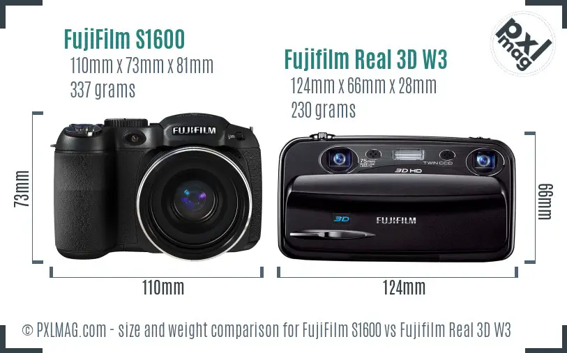 FujiFilm S1600 vs Fujifilm Real 3D W3 size comparison