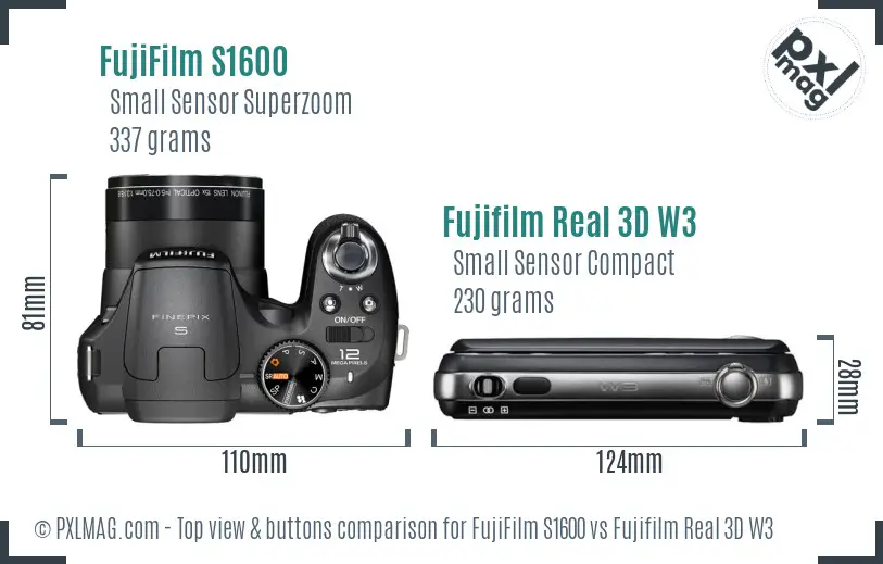 FujiFilm S1600 vs Fujifilm Real 3D W3 top view buttons comparison