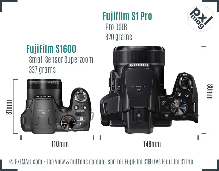 FujiFilm S1600 vs Fujifilm S1 Pro top view buttons comparison