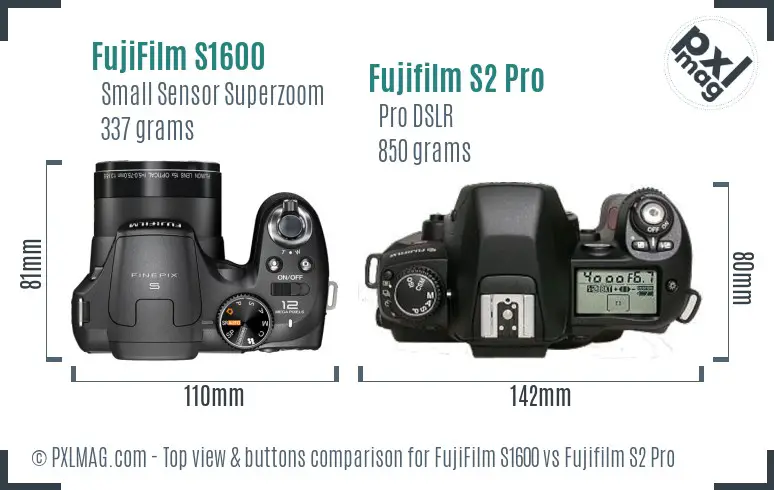 FujiFilm S1600 vs Fujifilm S2 Pro top view buttons comparison