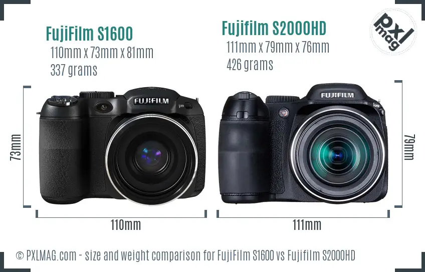 FujiFilm S1600 vs Fujifilm S2000HD size comparison