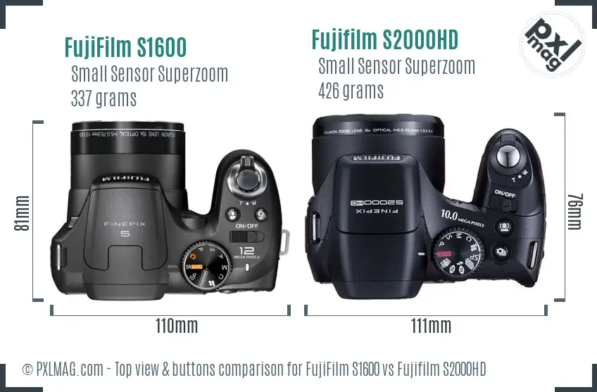 FujiFilm S1600 vs Fujifilm S2000HD top view buttons comparison