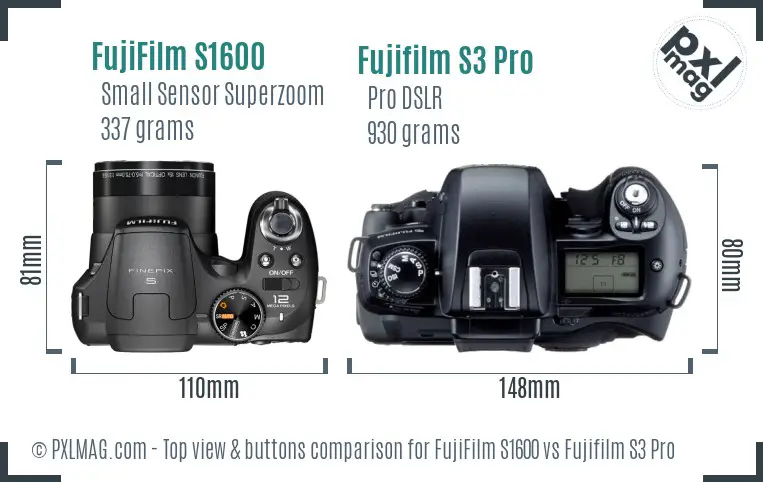 FujiFilm S1600 vs Fujifilm S3 Pro top view buttons comparison FujiFilm S1600 vs Fujifilm S3 Pro top view buttons comparison