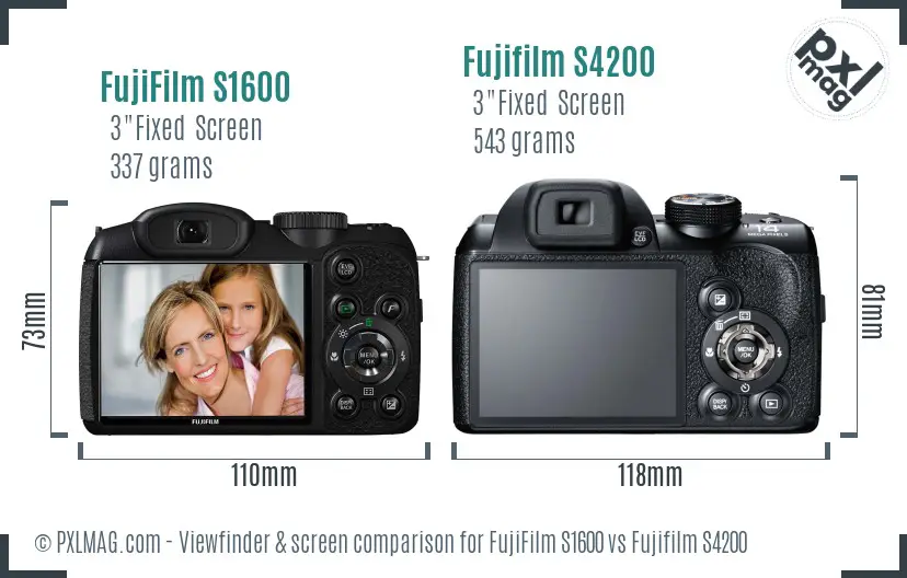 FujiFilm S1600 vs Fujifilm S4200 Screen and Viewfinder comparison