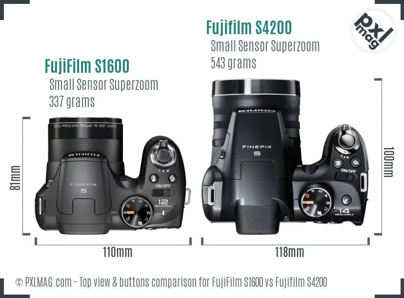 FujiFilm S1600 vs Fujifilm S4200 top view buttons comparison