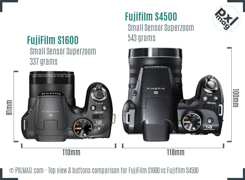 FujiFilm S1600 vs Fujifilm S4500 top view buttons comparison