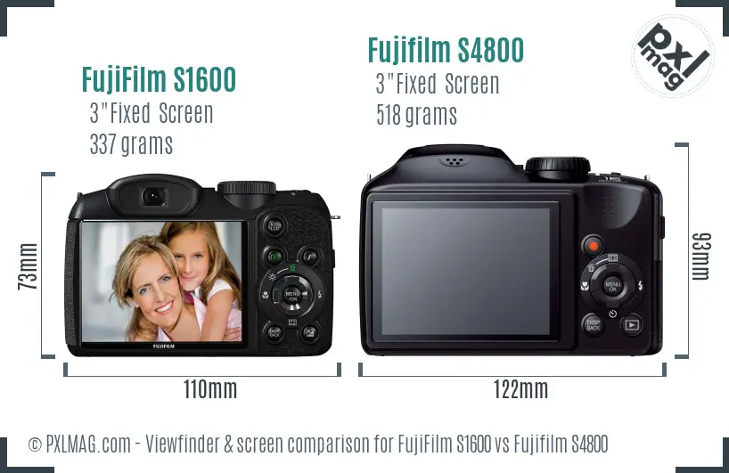 FujiFilm S1600 vs Fujifilm S4800 Screen and Viewfinder comparison