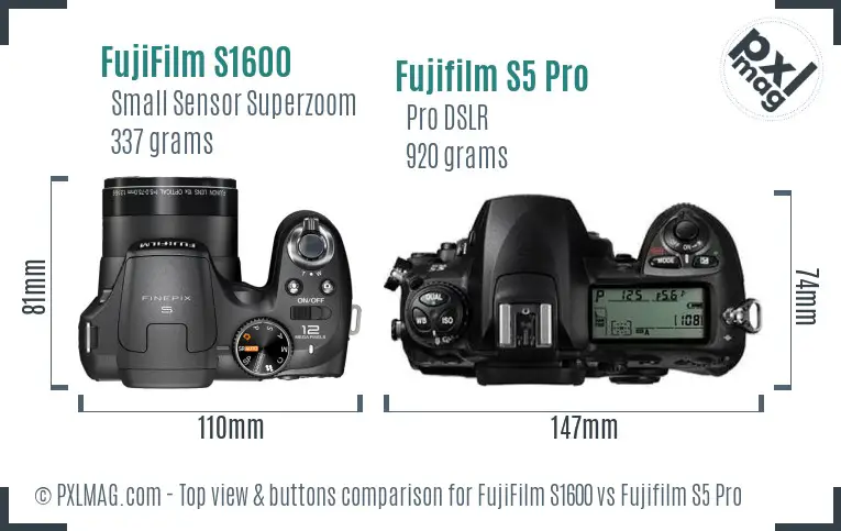 FujiFilm S1600 vs Fujifilm S5 Pro top view buttons comparison FujiFilm S1600 vs Fujifilm S5 Pro top view buttons comparison