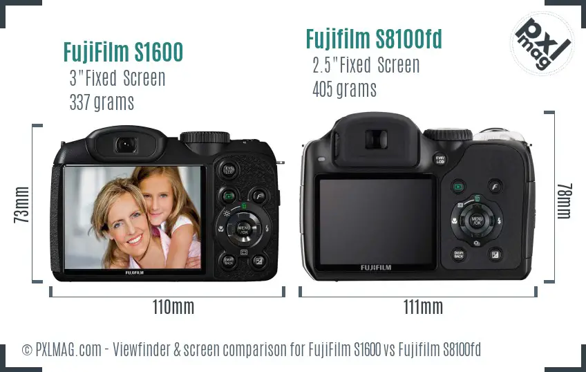 FujiFilm S1600 vs Fujifilm S8100fd Screen and Viewfinder comparison