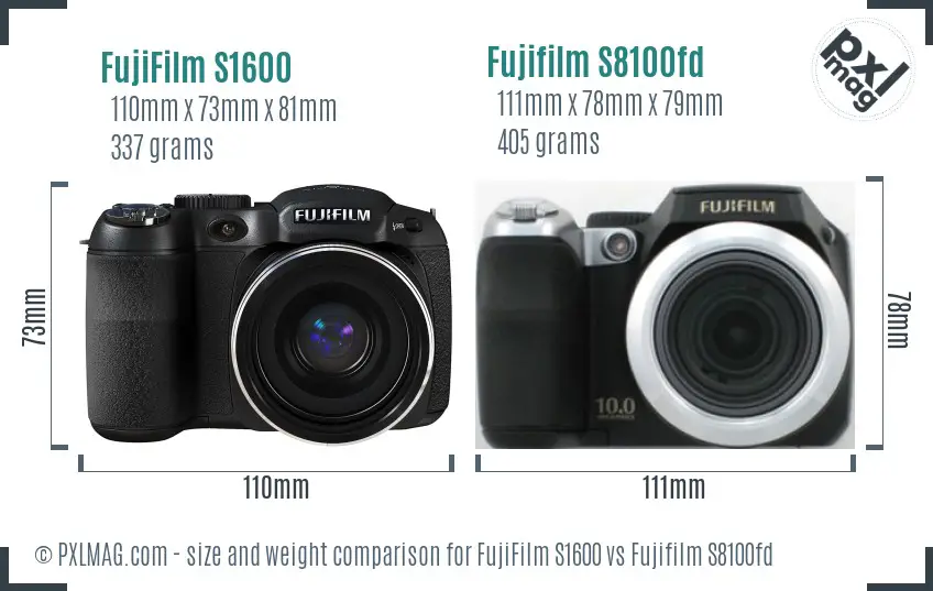 FujiFilm S1600 vs Fujifilm S8100fd size comparison