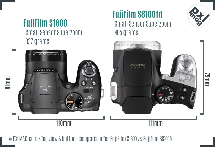 FujiFilm S1600 vs Fujifilm S8100fd top view buttons comparison