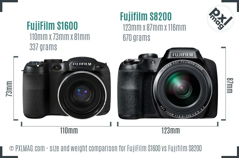 FujiFilm S1600 vs Fujifilm S8200 size comparison
