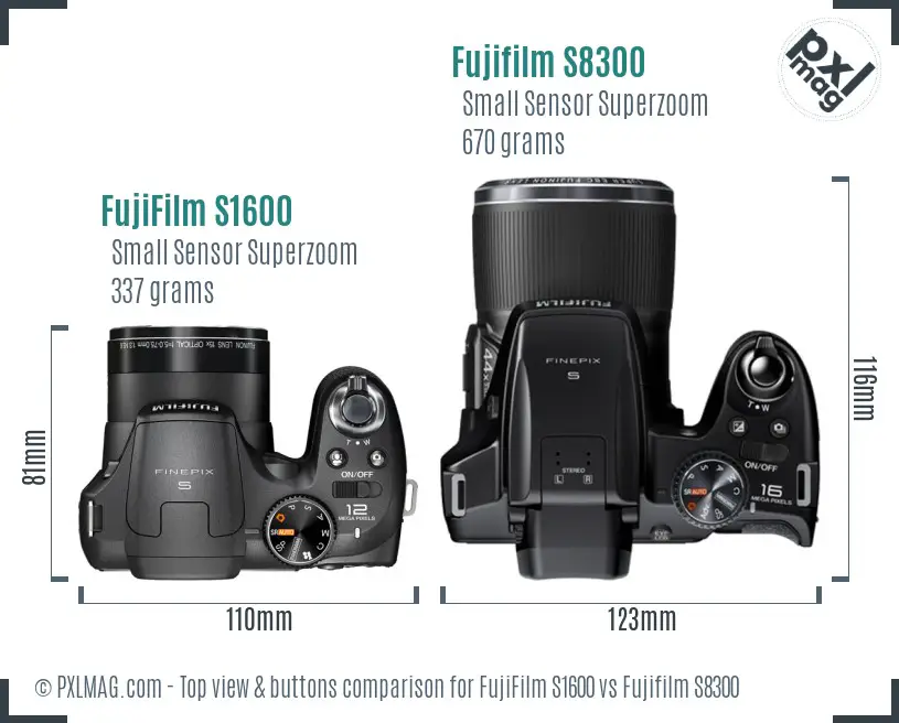 FujiFilm S1600 vs Fujifilm S8300 top view buttons comparison