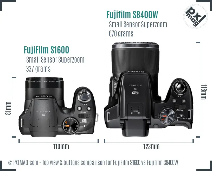 FujiFilm S1600 vs Fujifilm S8400W top view buttons comparison