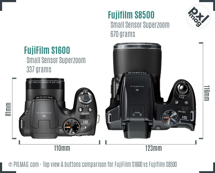FujiFilm S1600 vs Fujifilm S8500 top view buttons comparison
