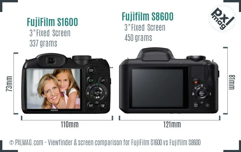 FujiFilm S1600 vs Fujifilm S8600 Screen and Viewfinder comparison