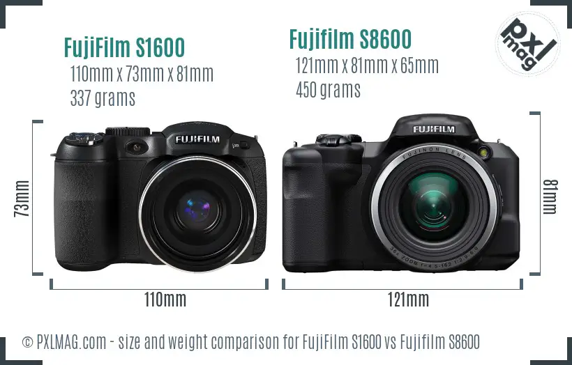 FujiFilm S1600 vs Fujifilm S8600 size comparison