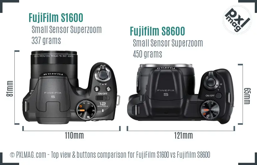 FujiFilm S1600 vs Fujifilm S8600 top view buttons comparison