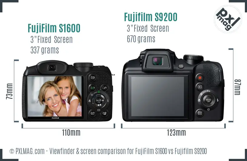 FujiFilm S1600 vs Fujifilm S9200 Screen and Viewfinder comparison