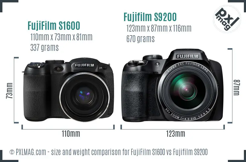FujiFilm S1600 vs Fujifilm S9200 size comparison