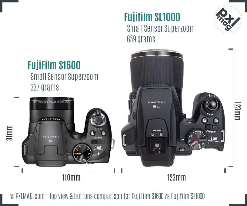 FujiFilm S1600 vs Fujifilm SL1000 top view buttons comparison