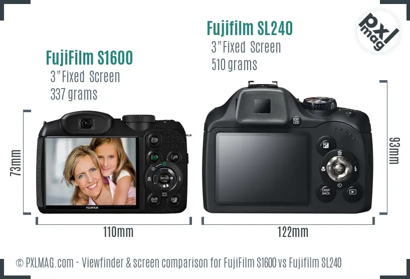 FujiFilm S1600 vs Fujifilm SL240 Screen and Viewfinder comparison