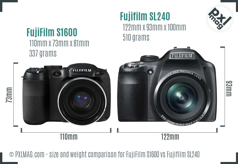 FujiFilm S1600 vs Fujifilm SL240 size comparison