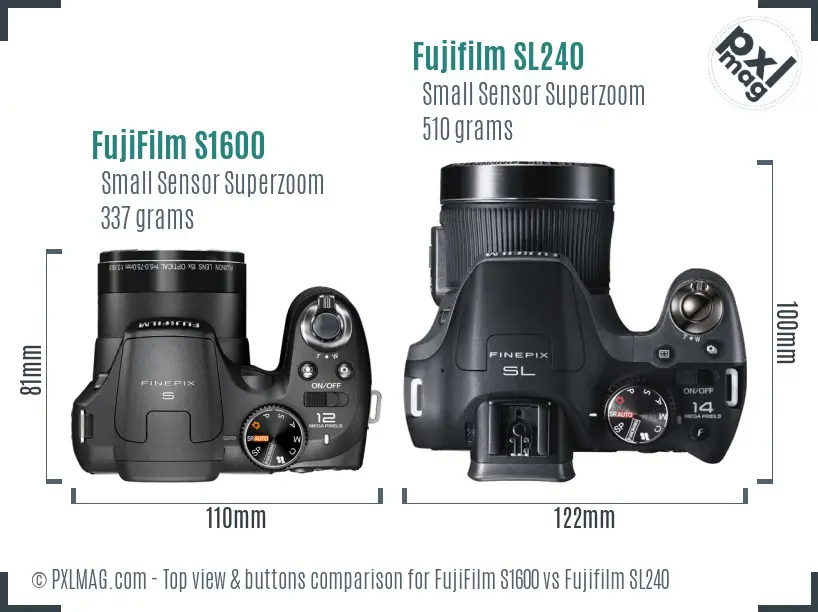 FujiFilm S1600 vs Fujifilm SL240 top view buttons comparison