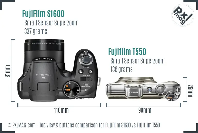 FujiFilm S1600 vs Fujifilm T550 top view buttons comparison