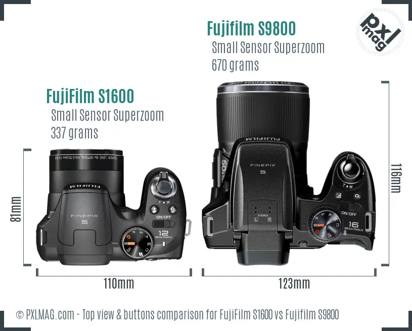 FujiFilm S1600 vs Fujifilm S9800 top view buttons comparison