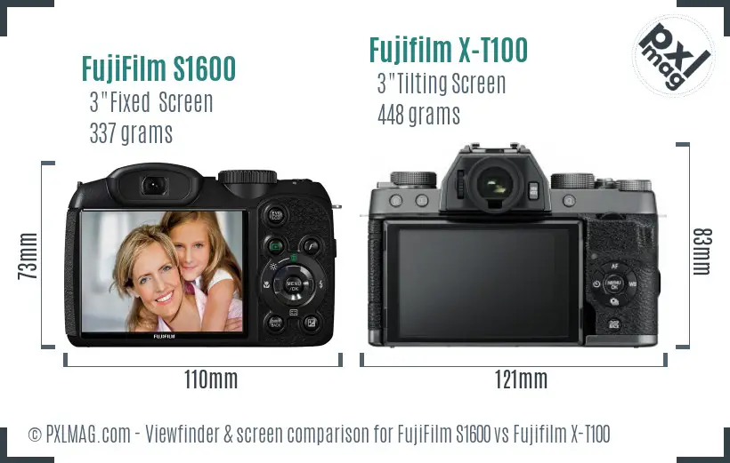 FujiFilm S1600 vs Fujifilm X-T100 Screen and Viewfinder comparison
