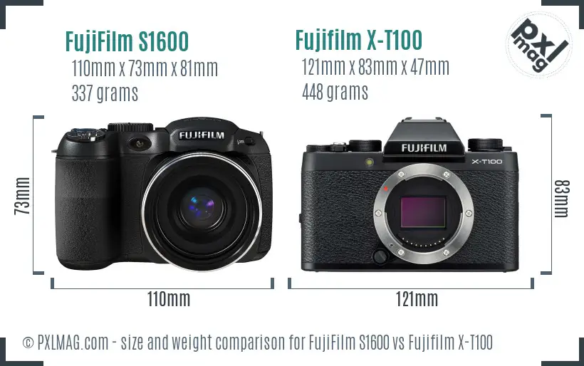 FujiFilm S1600 vs Fujifilm X-T100 size comparison