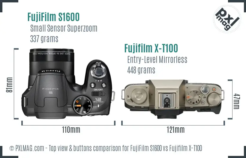 FujiFilm S1600 vs Fujifilm X-T100 top view buttons comparison