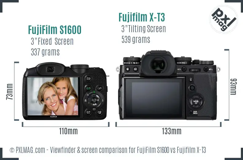 FujiFilm S1600 vs Fujifilm X-T3 Screen and Viewfinder comparison