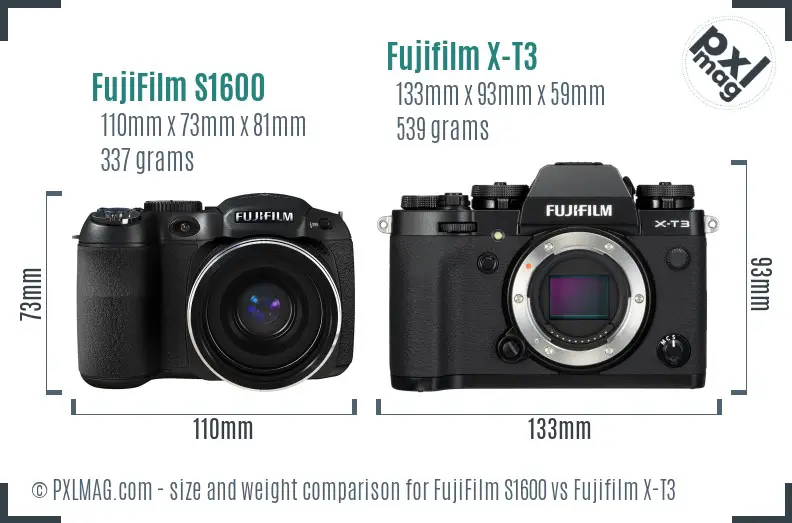 FujiFilm S1600 vs Fujifilm X-T3 size comparison