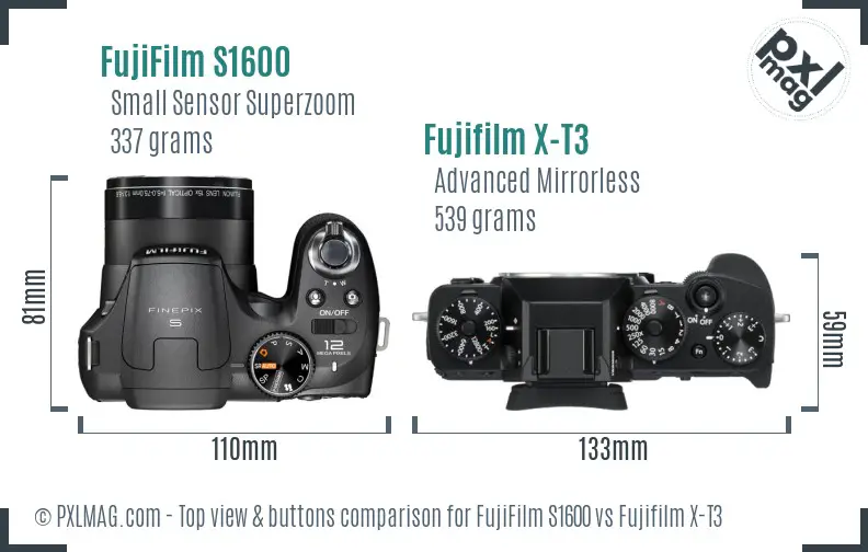 FujiFilm S1600 vs Fujifilm X-T3 top view buttons comparison