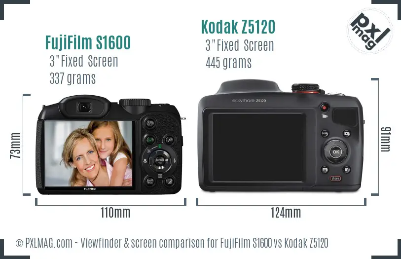 FujiFilm S1600 vs Kodak Z5120 Screen and Viewfinder comparison