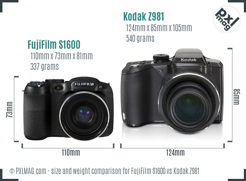 FujiFilm S1600 vs Kodak Z981 size comparison