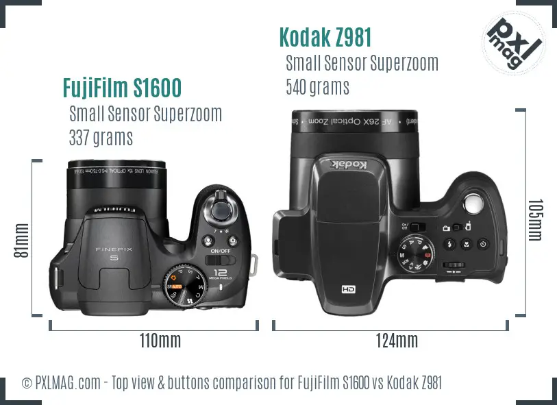 FujiFilm S1600 vs Kodak Z981 top view buttons comparison