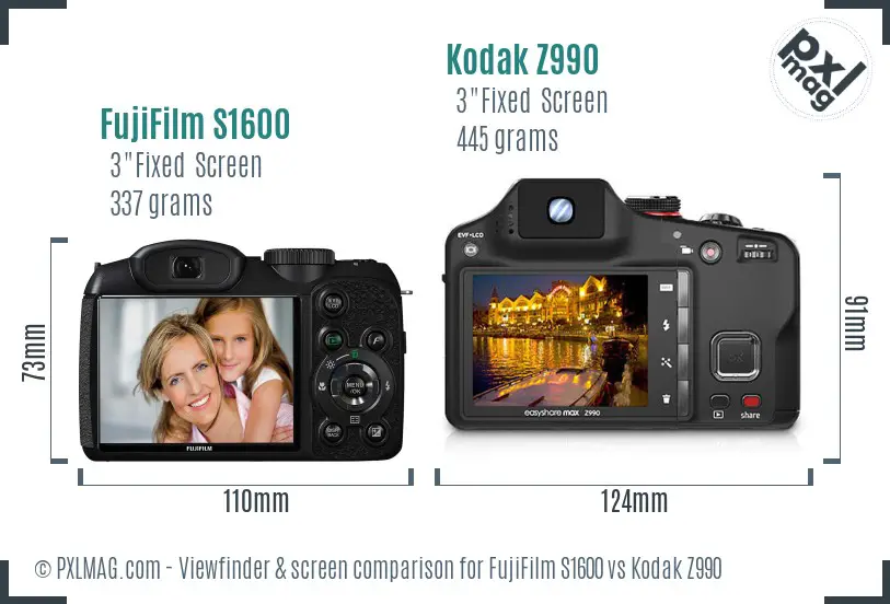 FujiFilm S1600 vs Kodak Z990 Screen and Viewfinder comparison