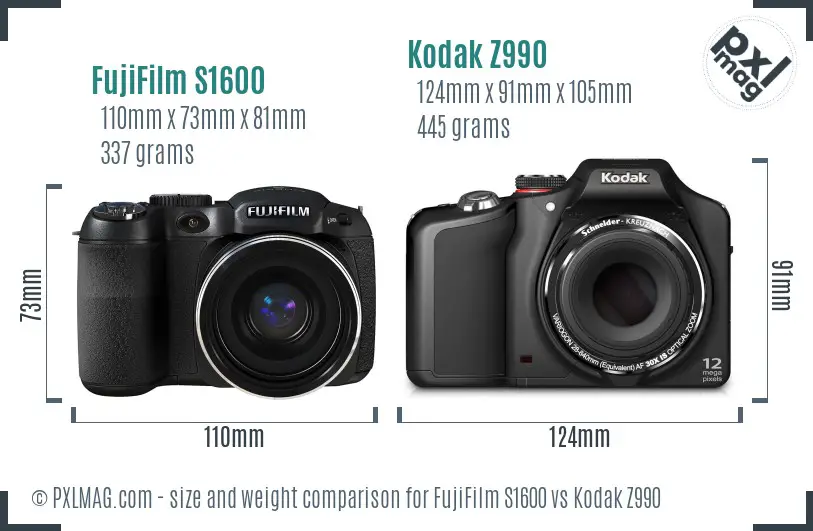 FujiFilm S1600 vs Kodak Z990 size comparison