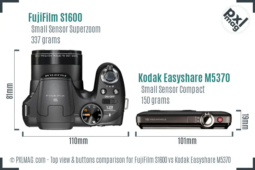 FujiFilm S1600 vs Kodak Easyshare M5370 top view buttons comparison