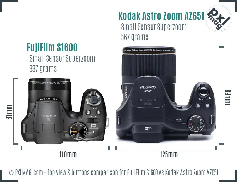 FujiFilm S1600 vs Kodak Astro Zoom AZ651 top view buttons comparison