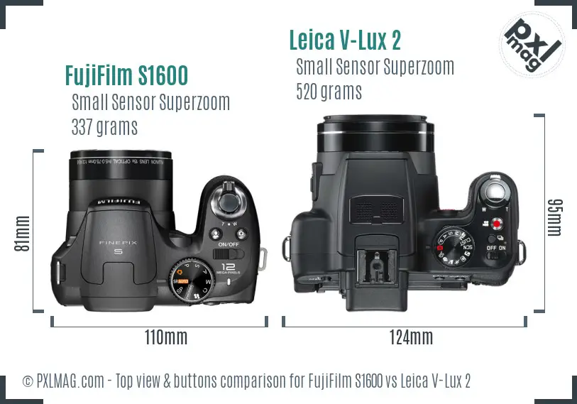FujiFilm S1600 vs Leica V-Lux 2 top view buttons comparison