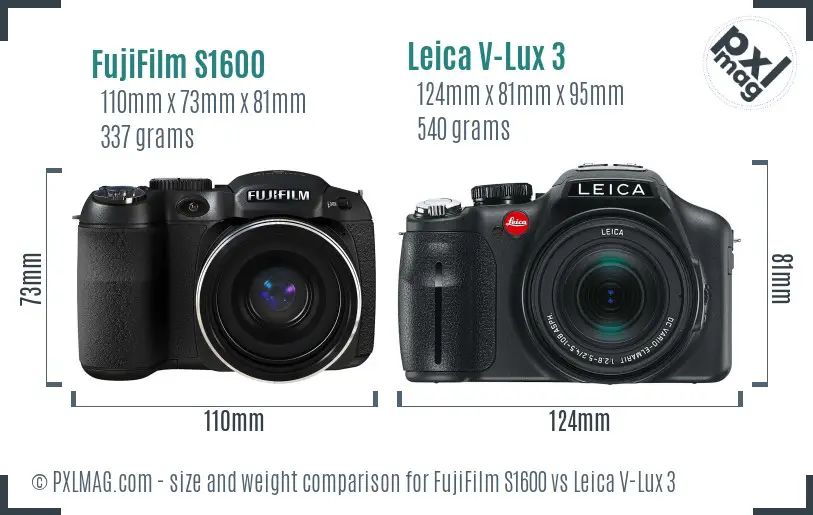 FujiFilm S1600 vs Leica V-Lux 3 size comparison