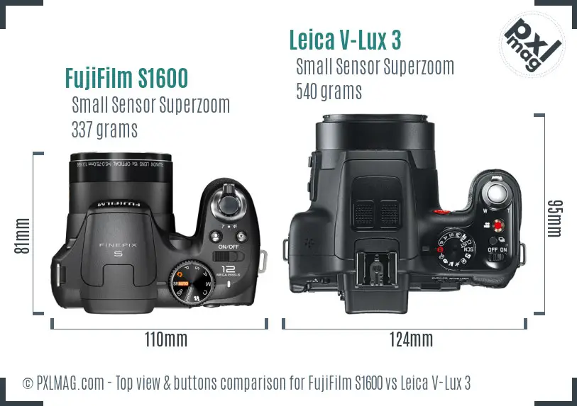 FujiFilm S1600 vs Leica V-Lux 3 top view buttons comparison